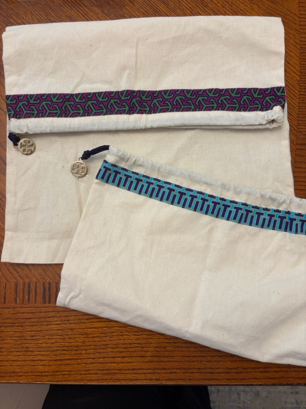 Tory Burch Cream Canvas Drawstring Bags with Purple and Teal Trim